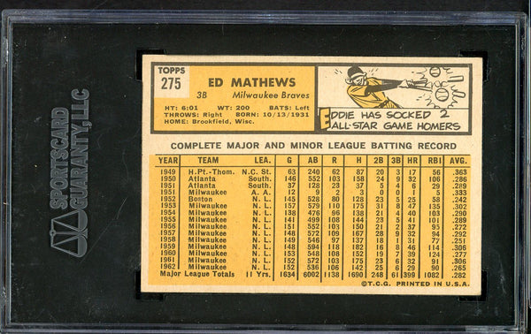 1963 Topps Baseball #275 Eddie Mathews Braves SGC 6 EX-MT 555214