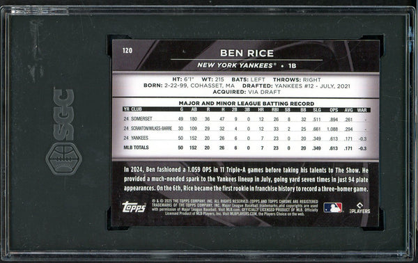 2025 Topps Chrome Black #120 Ben Rice Yankees SGC 10 GEM MINT Blue Lava Refractor 555227
