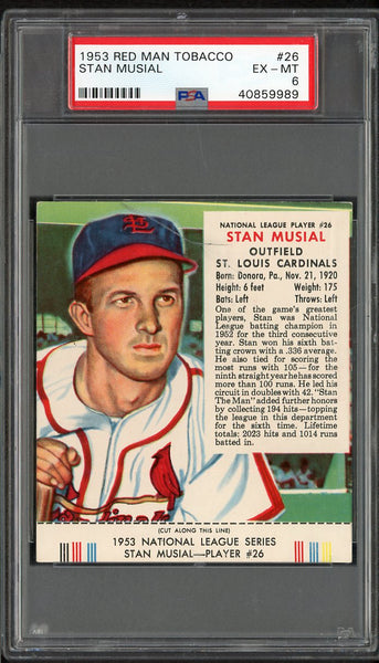 1953 Red Man #026NL Stan Musial Cardinals PSA 6 EX-MT w/Tab crack 555302
