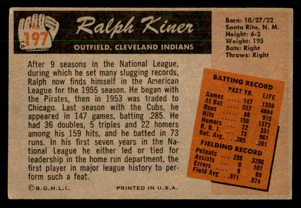 1955 Bowman Baseball #197 Ralph Kiner Indians VG-EX 555558