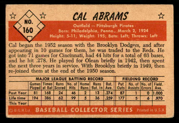 1953 Bowman Color Baseball #160 Cal Abrams Pirates VG-EX/EX 555563