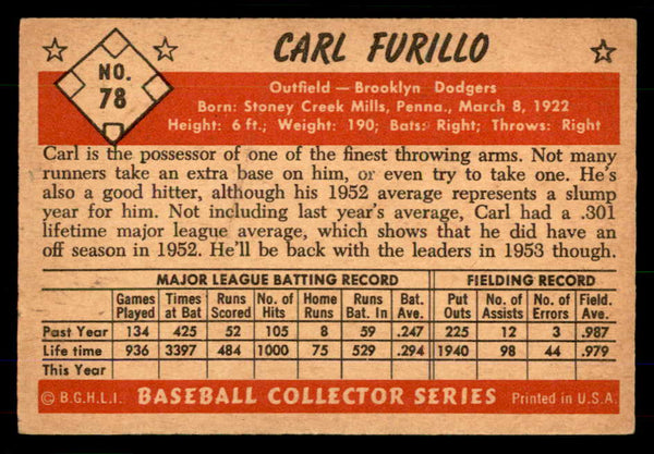1953 Bowman Color Baseball #078 Carl Furillo Dodgers EX+/EX-MT 555571