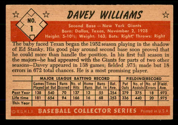 1953 Bowman Color Baseball #001 Davey Williams Giants EX+/EX-MT 555573