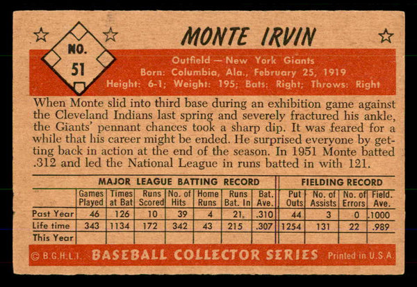 1953 Bowman Color Baseball #051 Monte Irvin Giants VG-EX 555587