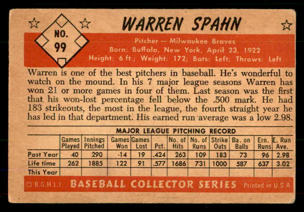 1953 Bowman Color Baseball #099 Warren Spahn Braves VG 555592