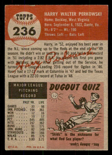 1953 Topps Baseball #236 Harry Perkowski Reds EX 555600