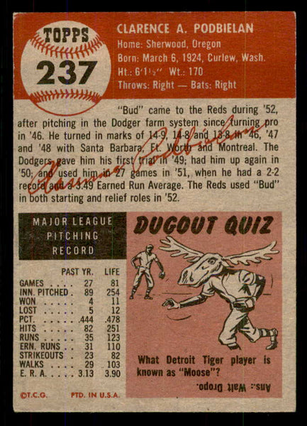 1953 Topps Baseball #237 Bud Podbielan Reds EX 555601