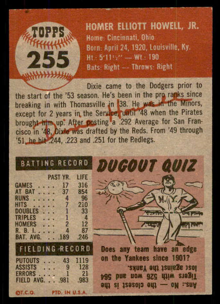 1953 Topps Baseball #255 Dixie Howell Dodgers VG-EX 555612