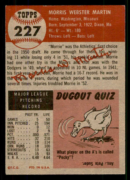 1953 Topps Baseball #227 Morrie Martin A"S EX 555617