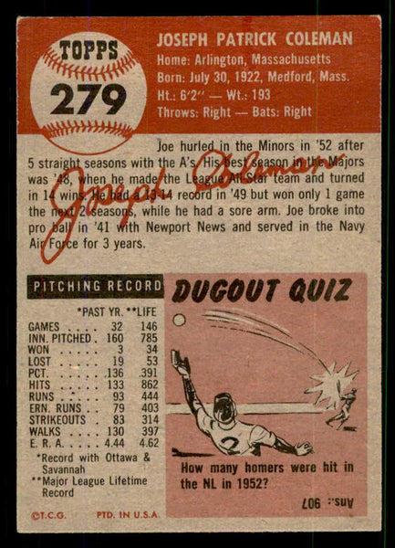 1953 Topps Baseball #279 Joe Coleman A"S EX-MT 555619