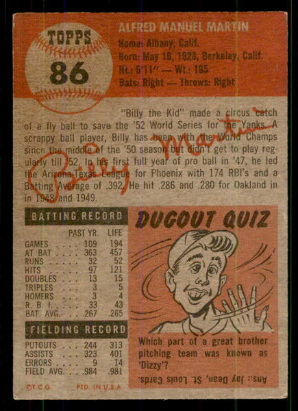 1953 Topps Baseball #086 Billy Martin Yankees VG-EX 555629