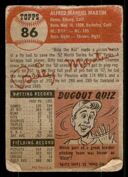 1953 Topps Baseball #086 Billy Martin Yankees Poor 555630