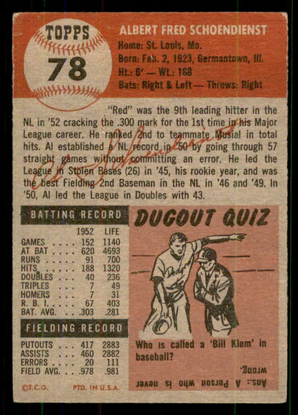 1953 Topps Baseball #078 Red Schoendienst Cardinals VG-EX 555633
