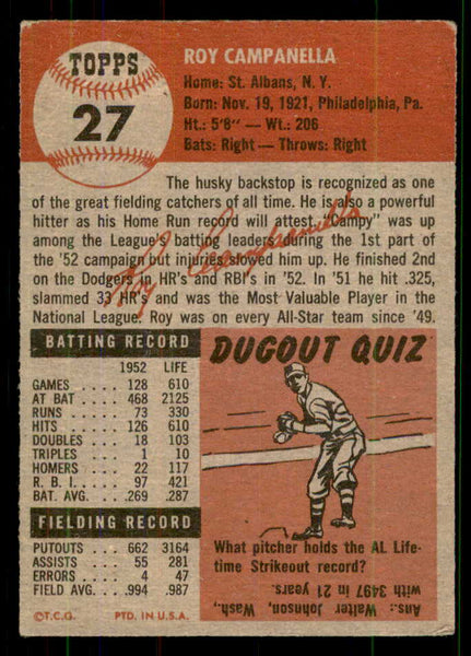 1953 Topps Baseball #027 Roy Campanella Dodgers GD-VG 555637