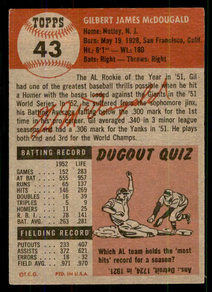 1953 Topps Baseball #043 Gil McDougald Yankees VG-EX 555643