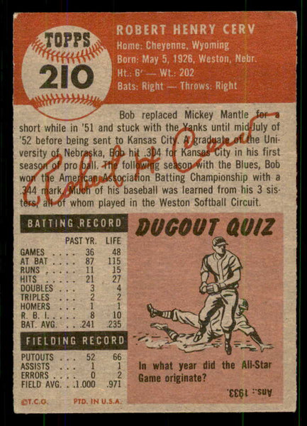 1953 Topps Baseball #210 Bob Cerv Yankees VG-EX 555651