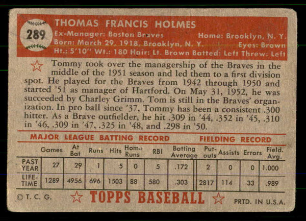 1952 Topps Baseball #289 Tommy Holmes Braves VG 555655