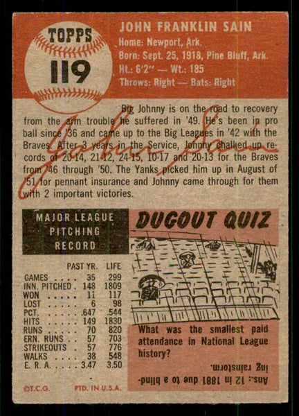 1953 Topps Baseball #119 Johnny Sain Yankees VG-EX 555656