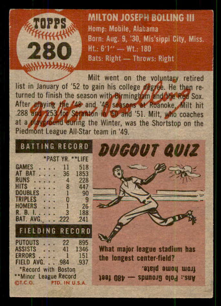 1953 Topps Baseball #280 Milt Bolling Red Sox EX 555659