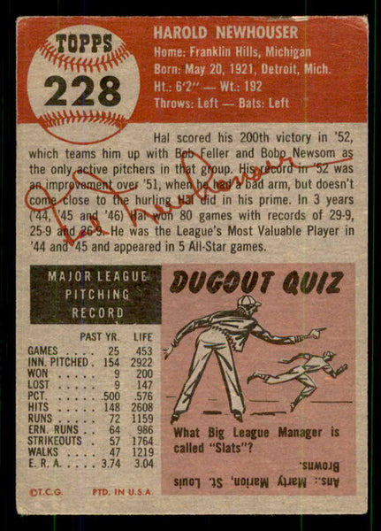 1953 Topps Baseball #228 Hal Newhouser Tigers GD-VG 555665