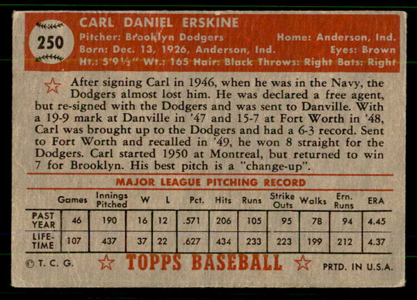 1952 Topps Baseball #250 Carl Erskine Dodgers VG 555667