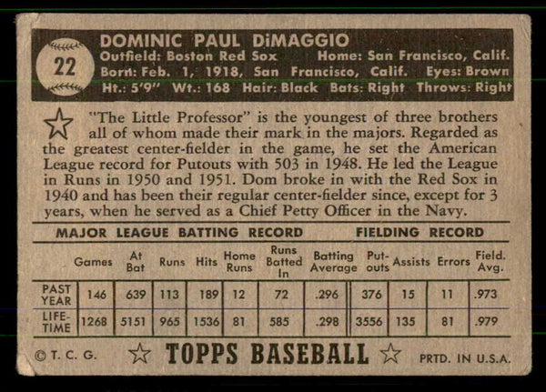 1952 Topps Baseball #022 Dom DiMaggio Red Sox VG Black 555671