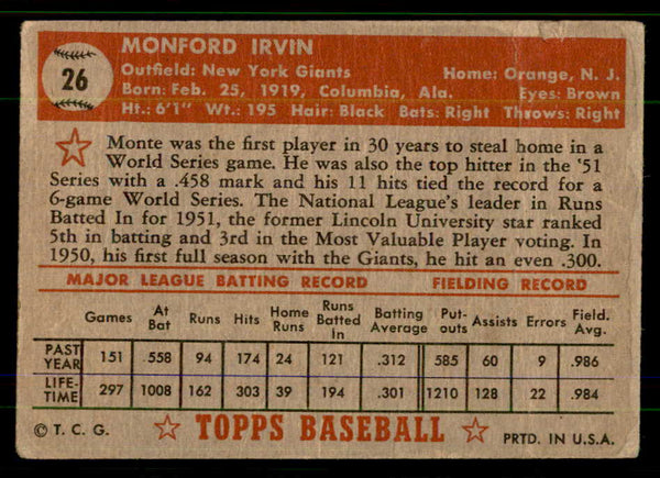 1952 Topps Baseball #026 Monte Irvin Giants GD-VG Red 555672
