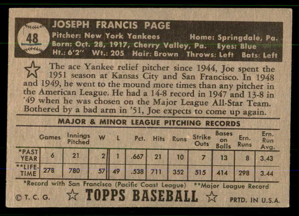 1952 Topps Baseball #048 Joe Page Yankees Fair Black 555675