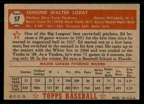 1952 Topps Baseball #057 Eddie Lopat Yankees VG-EX Red 555676