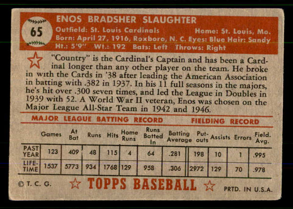 1952 Topps Baseball #065 Enos Slaughter Cardinals VG Red 555678