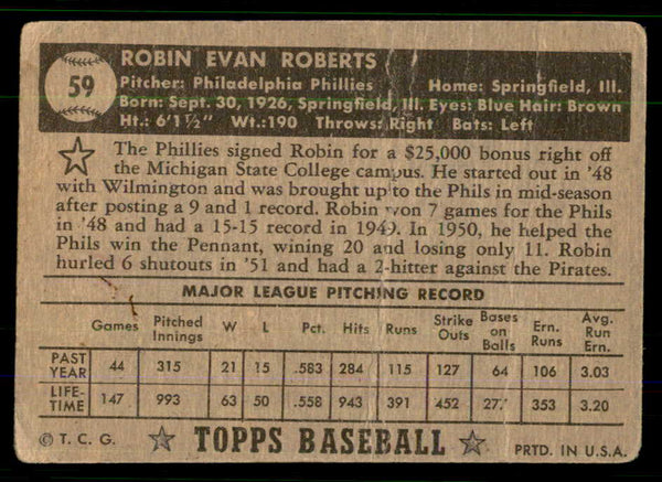 1952 Topps Baseball #059 Robin Roberts Phillies Fair Black 555680