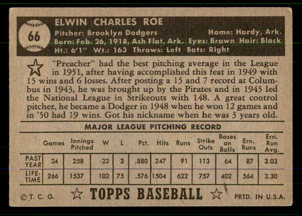 1952 Topps Baseball #066 Preacher Roe Dodgers EX Black 555682