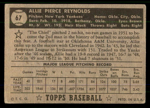 1952 Topps Baseball #067 Allie Reynolds Yankees Fair Black 555683