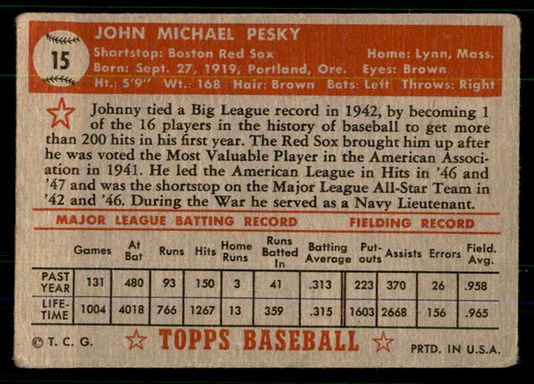 1952 Topps Baseball #015 Johnny Pesky Red Sox Good Red 555684