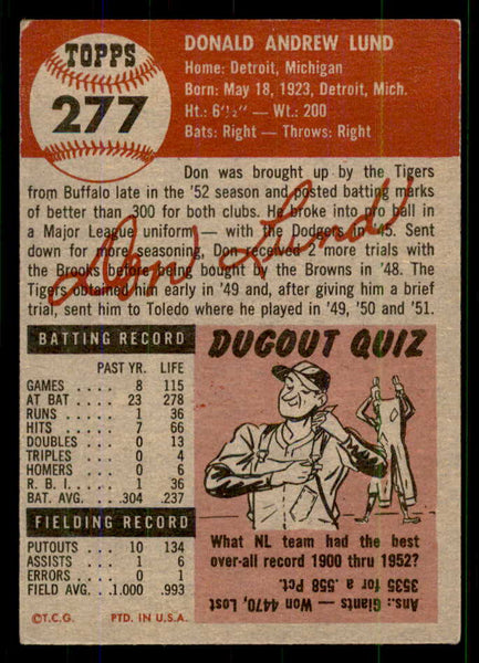 1953 Topps Baseball #277 Don Lund Tigers VG-EX 555692