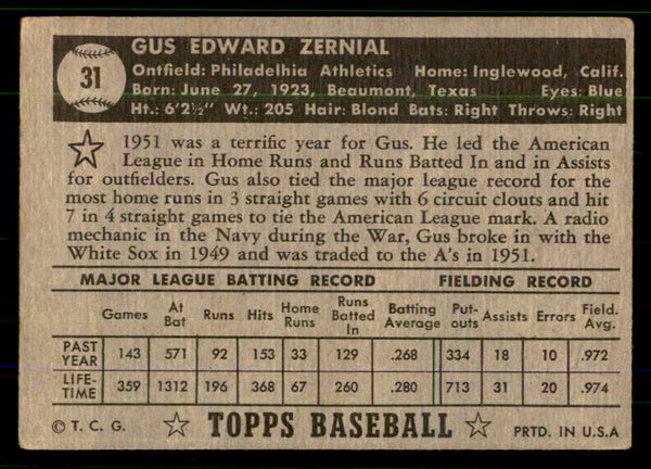 1952 Topps Baseball #031 Gus Zernial A's VG-EX Black 555693