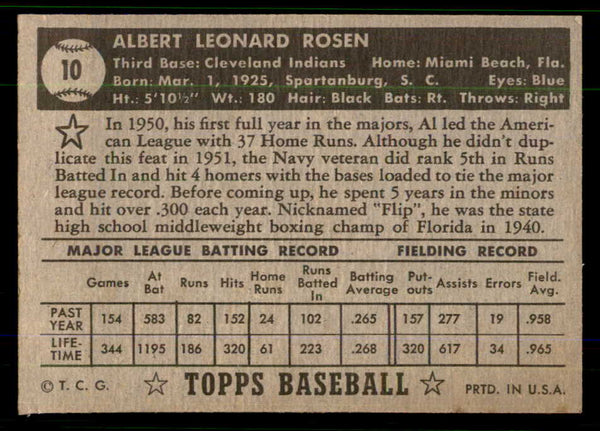 1952 Topps Baseball #010 Al Rosen Indians VG-EX Black 555696