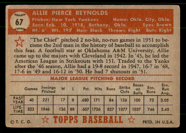 1952 Topps Baseball #067 Allie Reynolds Yankees VG Red 555697