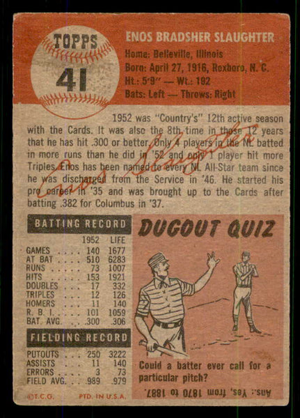 1953 Topps Baseball #041 Enos Slaughter Cardinals VG 555705
