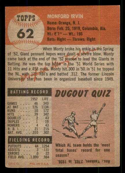 1953 Topps Baseball #062 Monte Irvin Giants VG crease 555706
