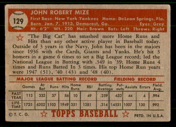 1952 Topps Baseball #129 Johnny Mize Yankees VG 555710
