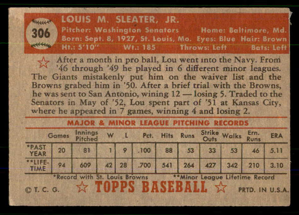 1952 Topps Baseball #306 Lou Sleater Senators VG-EX 555714