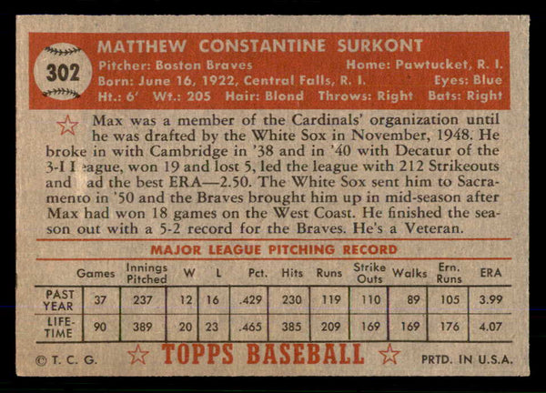 1952 Topps Baseball #302 Max Surkont Braves VG 555724