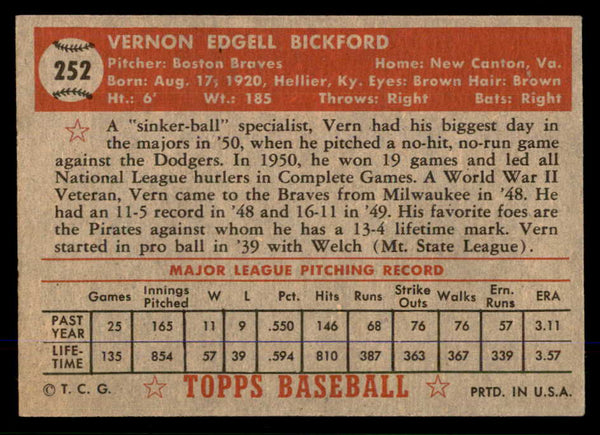 1952 Topps Baseball #252 Vern Bickford Braves EX 555727