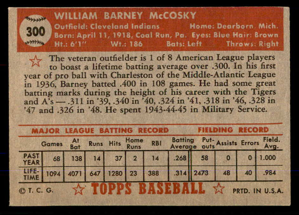 1952 Topps Baseball #300 Barney Mccosky Indians EX 555731