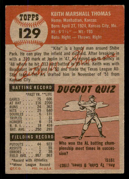 1953 Topps Baseball #129 Keith Thomas A's EX-MT 555734