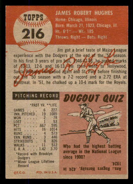 1953 Topps Baseball #216 Jim Hughes Dodgers EX-MT 555758