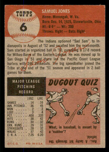 1953 Topps Baseball #006 Sam Jones Indians EX-MT 555761