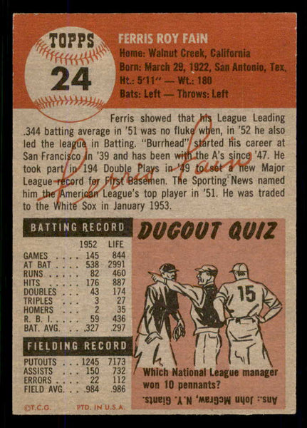 1953 Topps Baseball #024 Ferris Fain A's EX-MT 555767