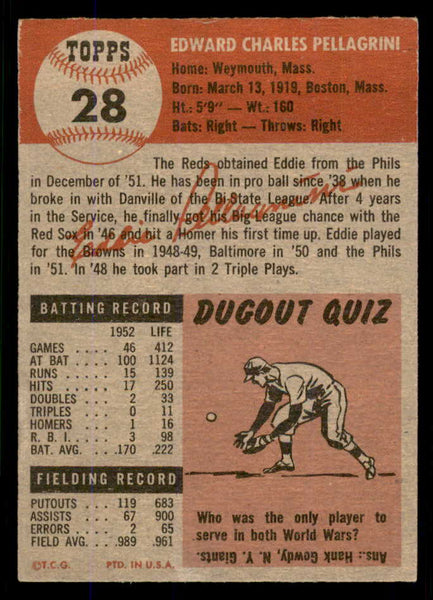 1953 Topps Baseball #028 Eddie Pellagrini Reds EX-MT 555770
